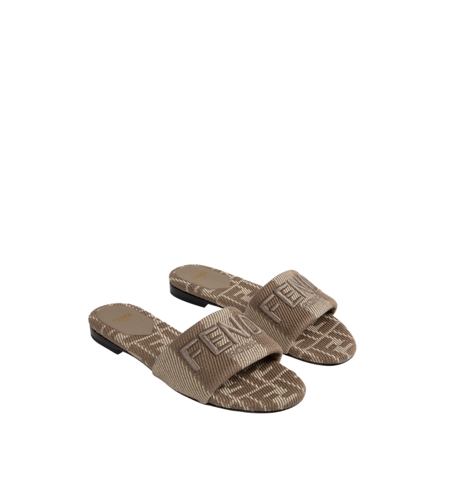 Image 2 of 4 - BROWN - FENDI Sunshine Jacquard Slides featuring wide-band, made of denim-effect jacquard with Pequin stripes, jacquard FF insole in the same tones and Fendi Roma embroidery. 100% cotton. Made in Italy.