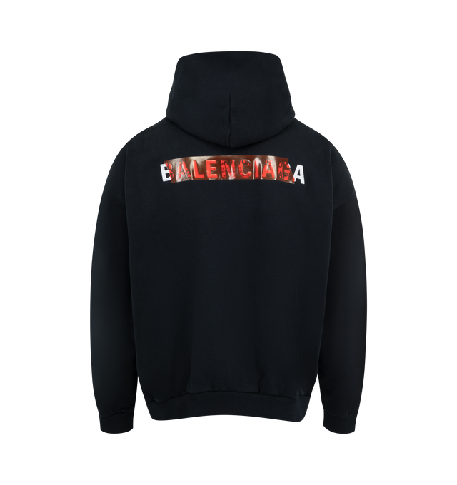 Image 2 of 2 - BLACK - BALENCIAGA Taped Balenciaga Back Hoodie featuring dry jersey, hood without drawstring, dropped shoulders, 1 kangaroo pocket on front, gathered at cuffs and waistline and taped Balenciaga Back artwork at front and back. 100% cotton. Made in Portugal.