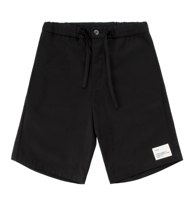 Image 1 of 6 - BLACK - OCD 27 Drawstring Bermuda Shorts featuring elastic waist, button fly, drawstring, back patch pocket and logo patch on leg. Fabric sources from Japan. 100% cotton.