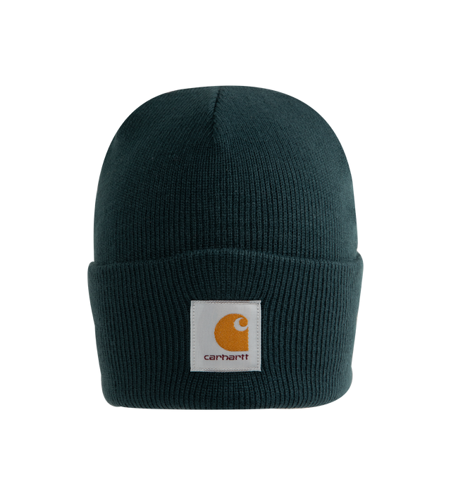 Image 1 of 2 - GREEN - CARHARTT WIP Acrylic Watch Hat featuring a stretchy rib knit, woven Carhartt WIP label on the front and fold over brim. 100% acrylic, 9 gauge.