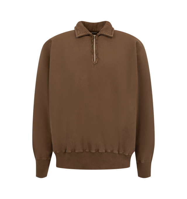 Image 1 of 2 - BROWN - A.Presse Men's Vintage Half-Zip Sweatshirt features a clean, minimalist silhouette designed for versatile layering or standalone wear. The half-zip neckline with pointed collar completes this understated casual style. Material: 100% Cotton. Made in Japan.