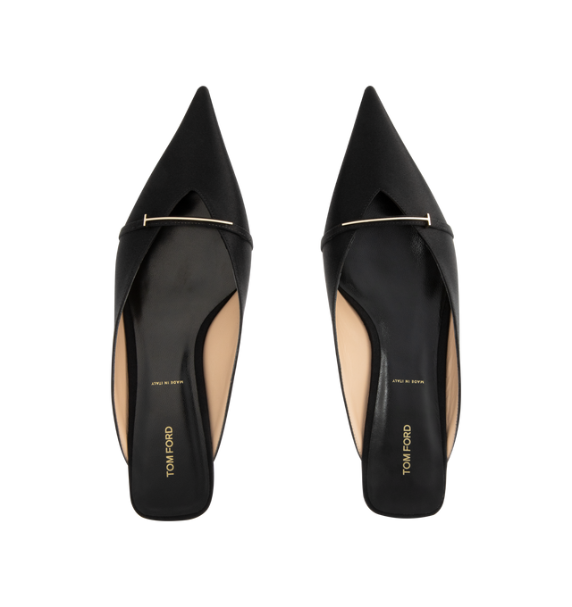 Image 4 of 4 - BLACK - TOM FORD Satin Julianne Mule featuring a pointed toe and with an iconic signature T hardware on the vamp. 68% viscose, 32% silk. Made in Italy