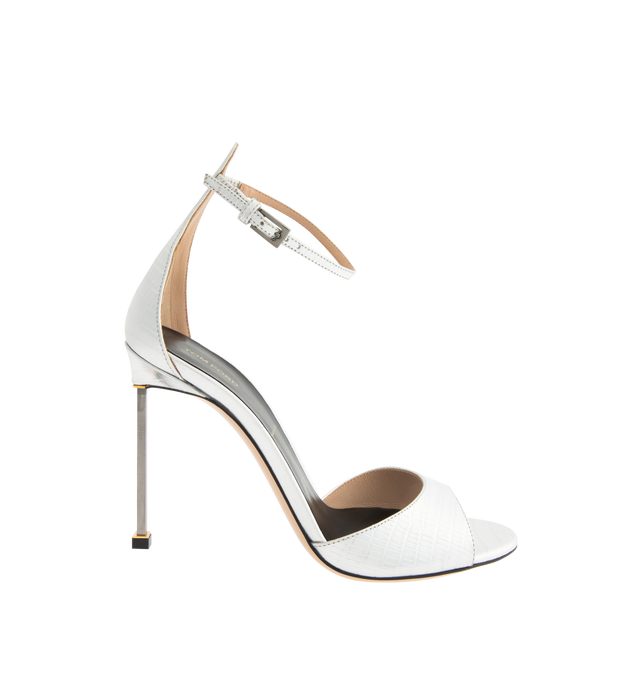 Image 1 of 4 - SILVER - TOM FORD Tejus Snake Print Laminated Leather Sandal featuring adjustable ankle strap, square metal stiletto heel and leather sole. 80% leather, 12% st, 8% brass. Made in Italy.
