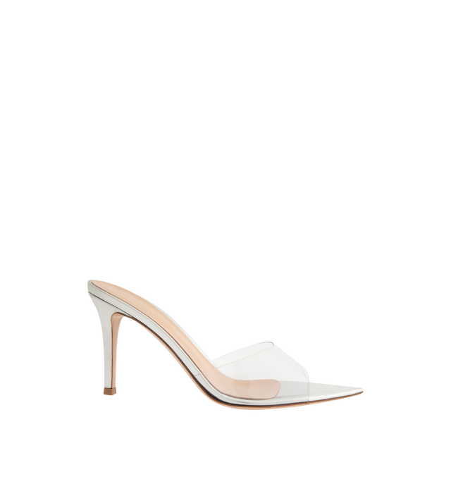 Image 1 of 4 - SILVER - GIANVITO ROSSI Elle 85 Heeled Sandals featuring open pointed toe, vinyl strap at vamp, logo printed at footbed, stiletto heel with rubber injection and polished leather sole. Heel: H3.25". Upper: thermoplastic polyurethane, leather. Sole: leather, rubber. Made in Italy.