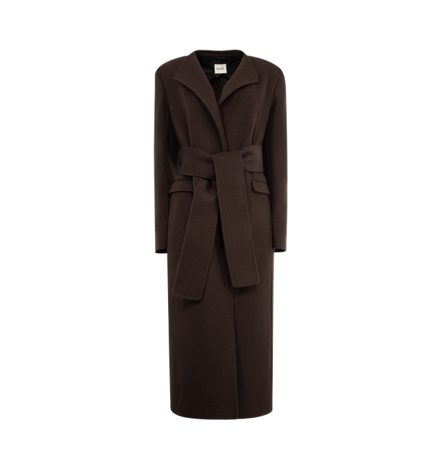 Image 1 of 3 - BROWN - KHAITE Jelson Coat featuring a clean-lined coat in double-faced wool, seam-free collar stand with scarf-like draped effect, wide sash belt, flap pockets at front and cupro twill lining at top. 100% wool.