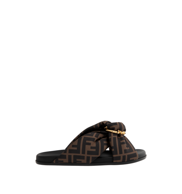 Image 1 of 4 - BROWN - FENDI Feel Satin Slides featuring padded double-band flat slides with decorative D-ring buckle with three-dimensional Fendi lettering. Made of satin with the iconic FF motif in shades of brown. Black leather insole and edges. Gold-finish metalware.Made in Italy.