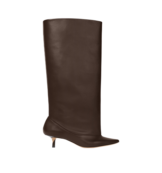 Image 1 of 4 - BROWN - JACQUEMUS High Tourni Boots featuring structured tubular boots in smooth leather, Trompe-l'oeil smooth leather pump shape, pointed toe, cut below the knee, lambskin leather insole and lining, 4.5cm asymmetric twisted heels with lacquered finish and contrast outsole. 100% calf leather. Outsole: 100% cow leather. Made in France.