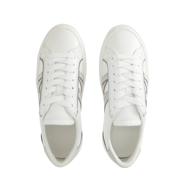 Image 5 of 5 - WHITE - MONCLER Monaco2 Leather & Glitter Sneakers featuring calf leather, reflective fabric and glitter split leather upper, mesh and leather insole, rubber sole, lace-up closure and glitter split leather monogram patch. Sole height 3 cm. Leather. Lining: 100% polyamide/nylon. Sole: 100% elastodiene.