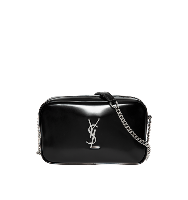 Image 1 of 3 - BLACK - SAINT LAURENT Lou Mini Bag featuring zip closure, leather and chain shoulder strap, silver toned hardware, one main compartment and three card slots. 7.5 X 4.1 X 2 inches. Strap drop: 22.4 inches. 63% polyurethane, 37% polyester. Made in Italy.  
