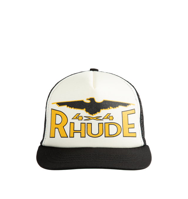 Image 1 of 2 - MULTI - Rhude Men's Logo Trucker Hat is crafted from durable canvas and features a signature logo graphic and lettering at the front for a bold streetwear-inspired finish. Designed with a structured crown, breathable mesh back panel, and adjustable snapback closure for a customizable fit, this designer hat reflects Rhude's contemporary approach to classic American styling. Main Material: 65% Polyester, 35% Cotton. Brim: 2.25 in. Crown: 5.5 in. Circumference: 23.25 in. Closure: Adjustable Snap