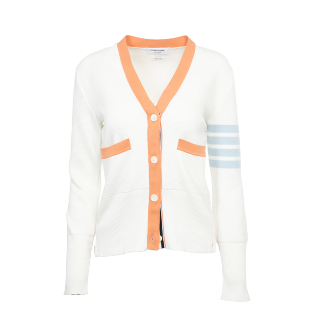 Image 1 of 3 - WHITE - THOM BROWNE Milano V-Neck 4 Bar Cardigan featuring V-neck, front button closure with striped grosgrain placket, front slip pockets, 4-bar detailing, buttoned side vents and cuffs with signature striped grosgrain trim and signature striped grosgrain loop tab. 100% cotton. 