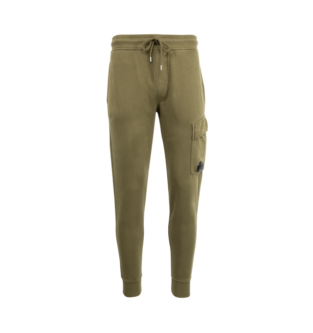 Image 1 of 3 - GREEN - C.P. COMPANY Fleece Cargo Lens Sweatpants featuring adjustable drawstring waistband, side pockets, cargo pocket with Lens detail, ribbed hems, resist dyed and regular fit. 100% cotton.