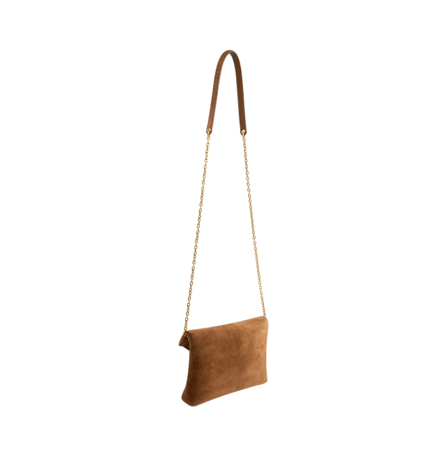 Image 2 of 3 - BROWN - Saint Laurent Womens Chain Pouch is crafted from suede calfskin. Features signature Cassandre logo, magnetic closure, stowable cable-chain shoulder strap, leather lining, one interior card slot, bronze-tone hardware, and dimensions: 19 13 4.5 cm (7.5 5.1 1.8 in) with a 47 cm (18.5 in) strap drop. Main Material: Calfskin Leather; Lining: Leather; Hardware: Brass. Made in Italy.