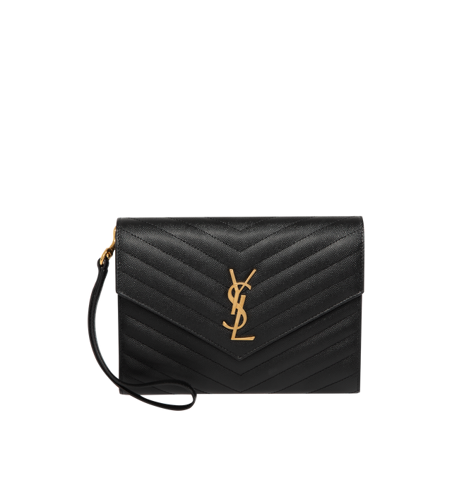 Image 1 of 3 - BLACK - SAINT LAURENT Envelope Wristlet Clutch featuring snap button closure, grosgrain lining, one main compartment and one flap pocket. 8.2 X 6.2 X 1.1 inches. 100% calfskin leather.