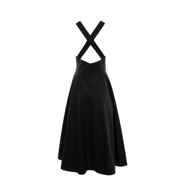 Image 2 of 4 - BLACK - Alaia V-Neck Sleeveless Crossback Cotton Midi Dress fetauring a crossover strappy low back, deep V neckline, fit-and-flare silhouette, below-the-knee length, invisible back zip. Made in Italy. 