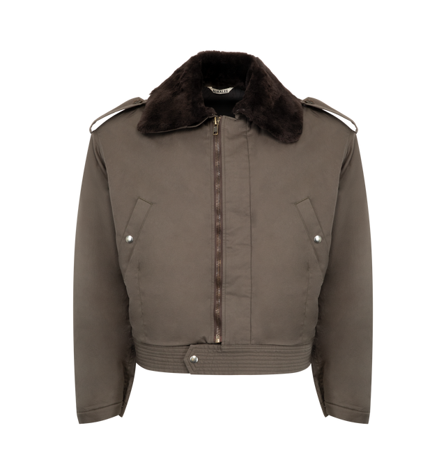 Image 1 of 4 - BROWN - AURALEE Washed Finx Flight Jacket featuring oversized fit, front zip closure, detachable leather collar, snap button pockets on front and snap button waist tab. 100% cotton.