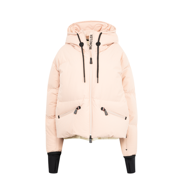 Image 1 of 3 - PINK - MONCLER Allesaz Hooded Down Ski Jacket featuring 2L four-way stretch technical poplin, stretch nylon lining, down-filled, heat-sealed seams, adjustable hood with 2L four-way stretch technical poplin lining, YKK Aquaguard highly water-resistant zipper closure, pockets with YKK Aquaguard highly water-resistant zipper closure, inner media pocket with YKK Aquaguard highly water-resistant zipper closure, inner stretch mesh pocket, ski pass pocket, powder skirt, RECCO reflector, stretch jers