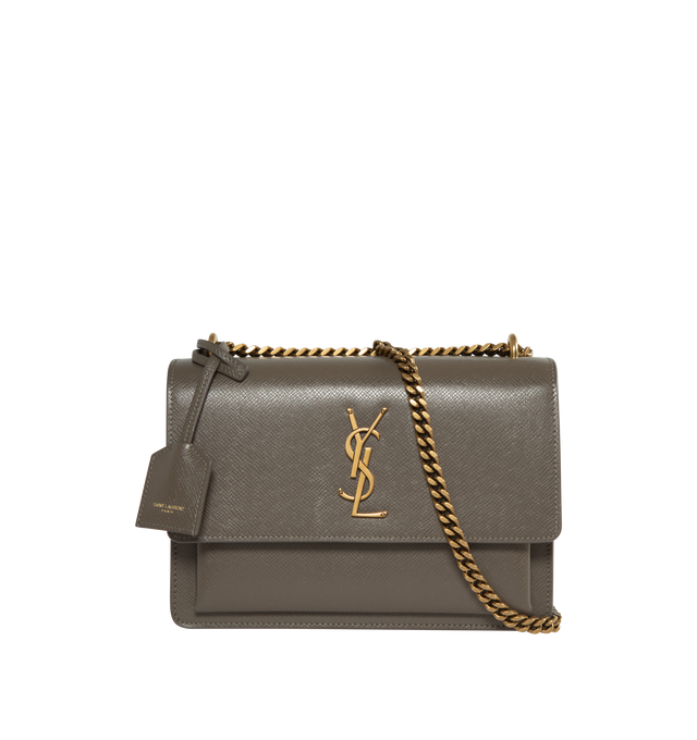 Image 1 of 3 - GREY - SAINT LAURENT Sunset Medium Bag featuring leather lining, magnetic snap tab, one interior slot pocket, double compartment, front pocket and large back slot pocket. 75% recycled leather, 12% polyurethane, 9% polyester, 4% other.  