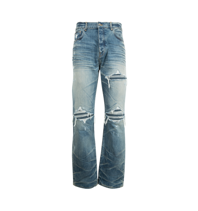 Image 1 of 3 - BLUE - AMIRI Pleated Denim Straight MX1 Jeans featuring fading, whiskering, and hand-distressing throughout, belt loops, five-pocket styling, button-fly, underlay at rips, leather logo patch at back waistband and logo-engraved silver-tone hardware. 92% cotton, 6% elastomultiester, 2% elastane. Made in United States.