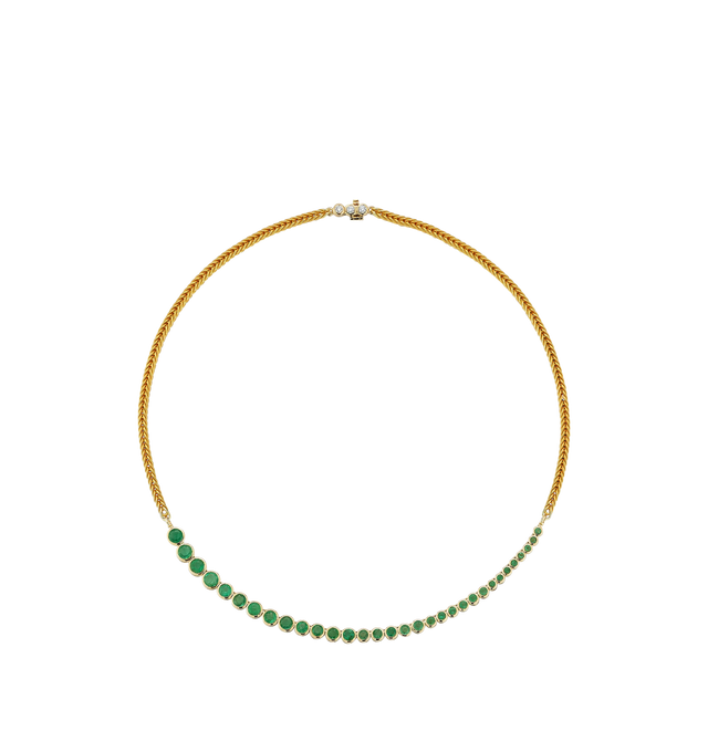 Image 1 of 1 - GOLD - RENNA Asymmetrical Emerald Bubble Necklace featuring 4.1 carats of graduated emeralds suspended by a chain and finished by a diamond clasp. 4.1 tcw emerald, .19 tcw diamond. 16" in length. Hirshleifers offers a range of initial pieces from this collection in-store. For personal consultation and detailed information about jewelry, please contact our dedicated stylist team at personalshopping@hirshleifers.com. This item may be restricted for online purchase to international clients. For
