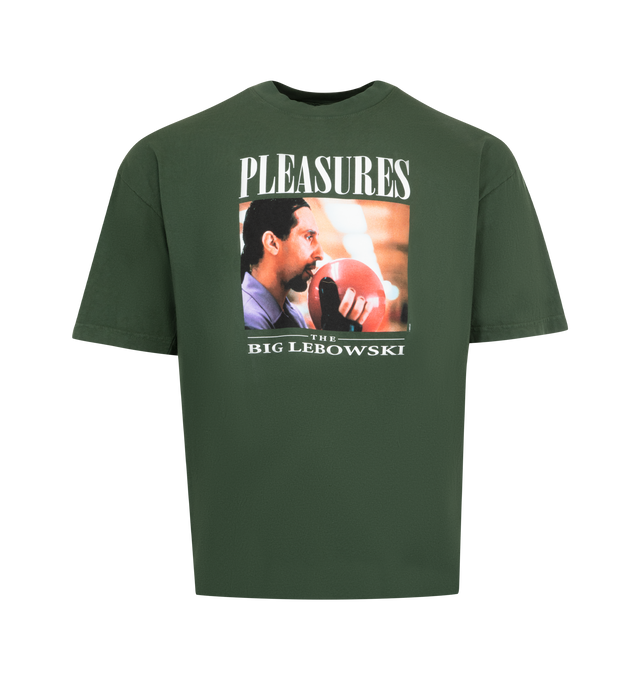 Image 1 of 2 - GREEN - PLEASURES Lick Tee featuring heavyweight fabric, garment dyed, ribbed collar, crew neck, short sleeves and printed graphic on front. 100% cotton.
