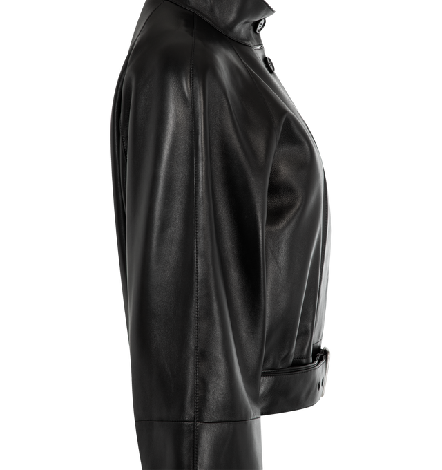 Image 3 of 3 - BLACK - LOEWE Short Trench in medium-weight nappa lambskin featuring a high collar, an adjustable buckle belt at the hem, regular fit, short length, concealed button front fastening, raglan sleeves, cuff tabs, vertical welt pockets, inside welt pocket, fully lined and LOEWE Anagram embossed patch placed at the back. Nappa. Made in Spain.