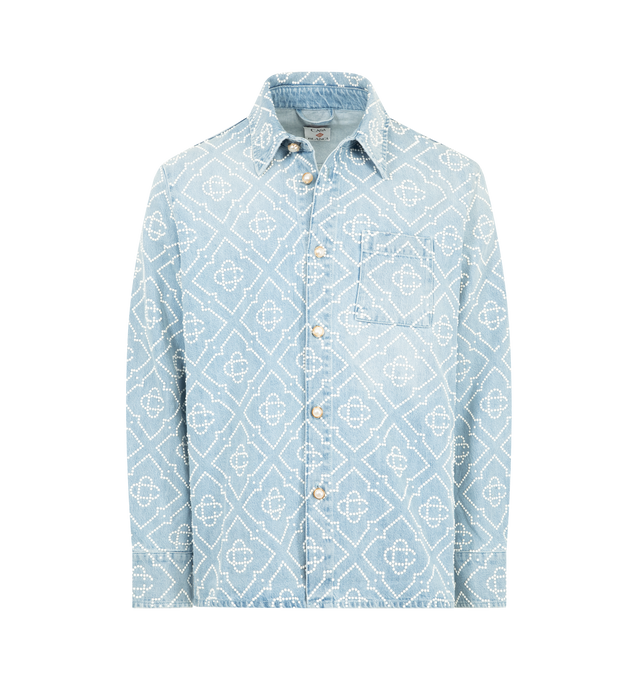 Image 1 of 2 - BLUE - CASABLANCA Pearl Denim Shirt featuring a point collar, button closure, breast pocket, button front closure, relaxed fit and pearl monogram throughout. 100% cotton. Made in Portugal.