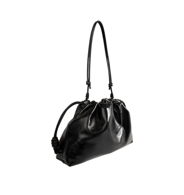 Image 3 of 4 - BLACK - LOEWE Large Flamenco Purse in patent nappa lambskin featuring a ruched shape, historical knot drawstrings, detachable donut chain, shoulder, crossbody or hand carry, detachable and adjustable leather strap, magnetic closure, suede lining and silver embossed LOEWE. Patent nappa lambskin. 26 cm x 41 cm x 9 cm. Made in Spain.