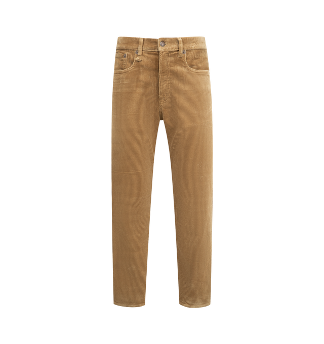 Image 1 of 3 - BROWN - R13 Boyfriend Jeans featuring zip fly with button fastening, 5-pocket design, faded and distressed throughout and raw cut hem. 100% cotton. Made in Italy.