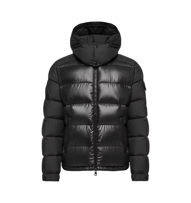Image 1 of 1 - BLACK - Moncler Men's Maya Hooded Short Down Jacket features a nylon laqu lining, down-filled, detachable and adjustable hood with drawstring, collar with snap button closure, zipper closure, zipped pockets, hem with drawstring fastening, flap patch pocket on sleeve, adjustable cuffs and logo patch. Materials: 100% Polyamide/Nylon. Padding: 90% Down, 10% Feather.