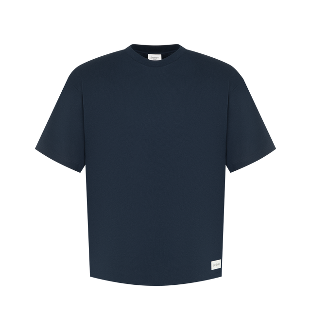 Image 1 of 2 - BLUE - Saint Laurent Mens Crewneck T-Shirt is crafted from a cotton-modal jersey blend. Features a loose fit, crew neckline, dropped shoulders, short sleeves, straight hem, and signature Saint Laurent patch at the hip. Main Material: Cotton, Modal. Made in Italy.