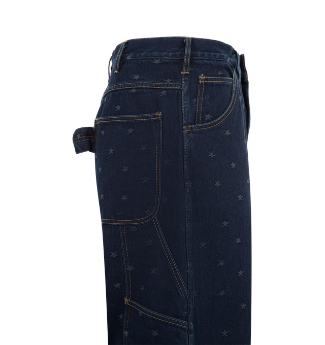 Image 3 of 3 - BLUE - NEEDLES Painter Pant featuring 13oz denim jacquard, button closure with zip fly, slash pockets on side, patch pockets on back, patch pocket on right and hammer lock on left, belt loops, all-over artwork and relaxed fit. 100% cotton.