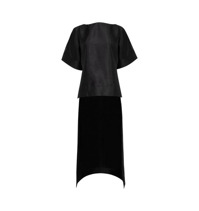 Image 1 of 2 - BLACK - ROSIE ASSOULIN 'Boxed-In' top with a boxy, relaxed silhouette elevated with an elegant train hem detail along the back. Slip-on style crafted from 100% Polyester.Made in United States of America. 