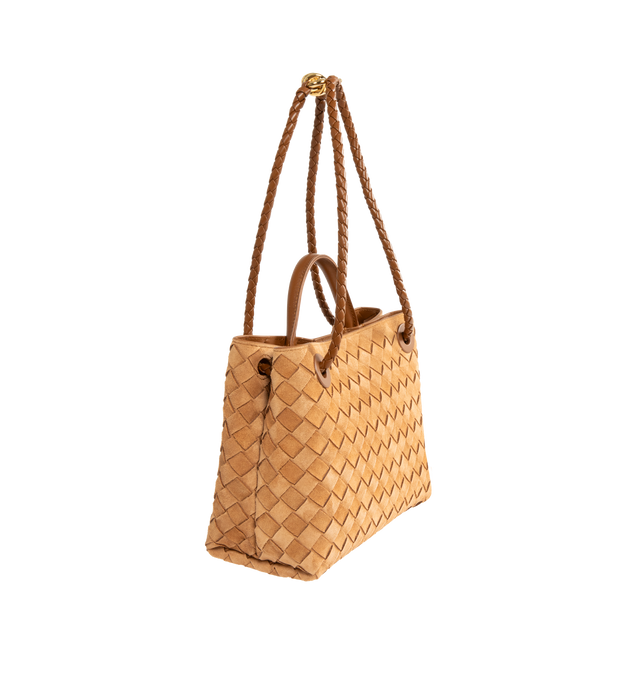 Image 2 of 4 - BROWN - Bottega Veneta Andiamo Bag has a magnetic closure, a sliding cross-body strap, an interior zip pocket, 2 interior open pockets, and brass-finished hardware. 7.9" x 9.8" x 3.9". Calfskin. Made in Italy.