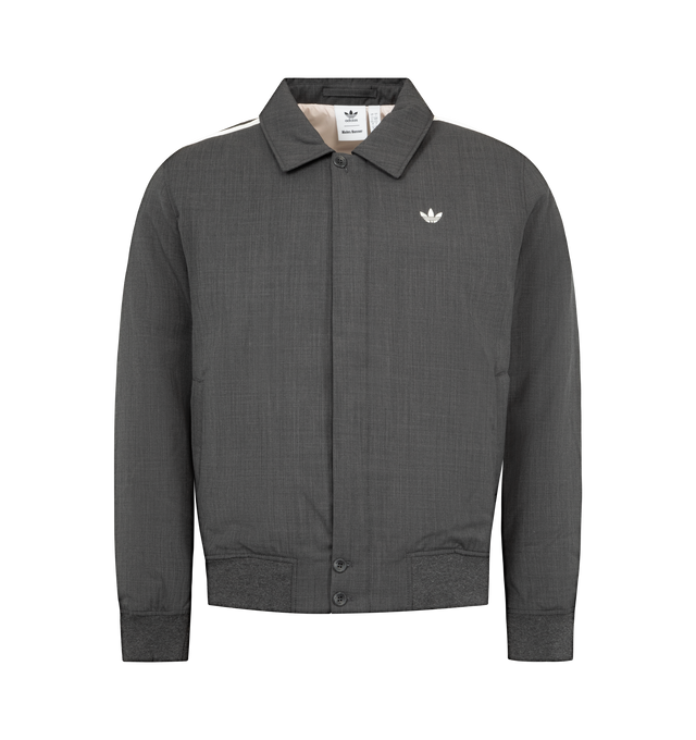 Image 1 of 3 - GREY - ADIDAS X WALES BONNER Padded Blouson Jacket featuring spread collar, full-zip closure, long sleeves with ribbed cuffs, stripes at shoulders, logo at left chest and two front zip pockets. 50% polyester, 50% wool. Lining: 100% polyester.