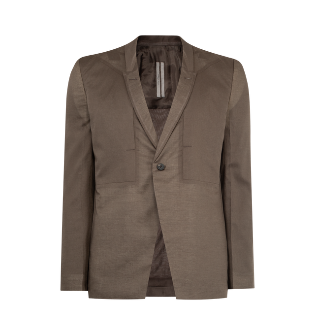 Image 1 of 3 - BROWN - RICK OWENS Slim-Fit Cotton Blazer featuring a slim notch lapel, single button closure, long sleeves and button-front closure. Cotton. Made in Italy.