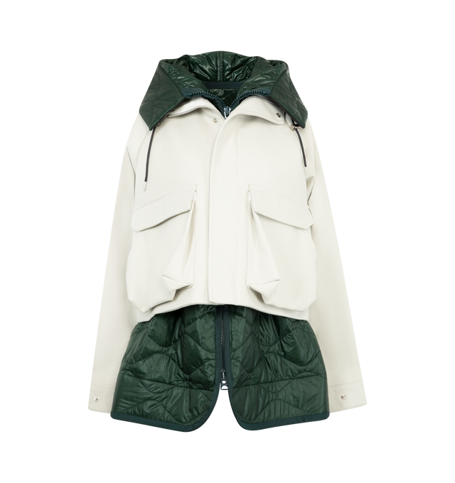 Image 1 of 3 - WHITE - SACAI Wool Melton Blouson featuring concealed front zipper, quilted under layer, front pockets with flap, hood with drawstring and layered look. 100% wool, 100% nylon, 100% polyester.