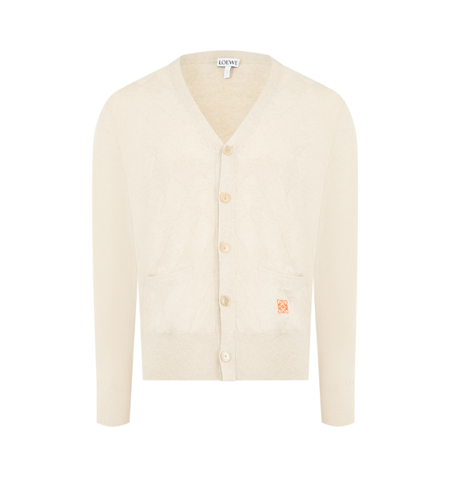 Image 1 of 2 - NEUTRAL - LOEWE Cardigan in lightweight wool and cashmere featuring an allover diamond pattern and contrast piping on the sides and inside sleeves, regular fit, regular length, jersey stitch, V-neck, button front fastening, ribbed cuffs and hem and contrast Anagram embroidery placed at the front. Wool/cashmere. Made in Italy.