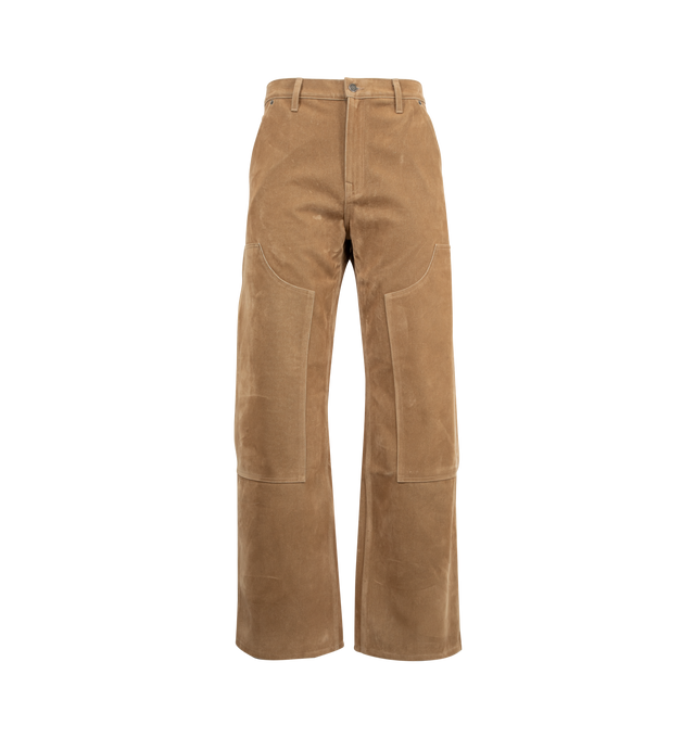Image 1 of 3 - BROWN - COUT DE LA LIBERTE Marshall Suede Denim Carpenter Pant featuring wide legs, button zip front closure, carpenter pockets, belt loops and reinforced knees. Made In USA.