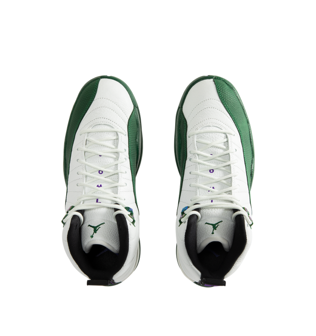 Image 5 of 5 - GREEN - Air Jordan 12 Retro 'Bucks' Sneakers are crafted from premium leather and feature a Summit White upper with sunrise-inspired stitch lines and Gorge Green overlays inspired by early-2000s player exclusives. Designed with a classic basketball silhouette, they are finished with Jumpman branding, Air Zoom cushioning, and a durable rubber outsole for comfort and performance. Main Material: Leather. Cushioning: Full-length Air Zoom. Sole: Rubber. Made for men.