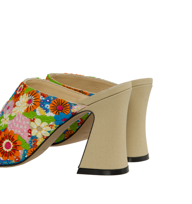 Image 3 of 4 - MULTI - LOEWE PAULA'S IBIZA Calle Open toe mule crafted in embroidered canvas featuring the signature petal toe shape and an embroidered upper with a floral pattern. Featuring chunky bobine heel and generous round toe shape, 85mm heel height, leather lining and outsole, canvas covered heel. Loewe Paula's Ibiza 2024 collection is inspired by the iconic Paula's boutique, synonymous with the counter cultural movement of 1970s Ibiza, captures the liberated vibe of summer with high impact prints,  
