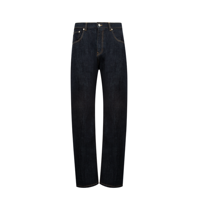 Image 1 of 3 - BLUE - SECOND LAYER Big Papi Denim Pant featuring relaxed classic fit Italian selvage denim pant with branded waistband button shank closure, leather back patch, zip fly, raw selvage indigo denim and longer classic rise with a relaxed fit. Cotton.