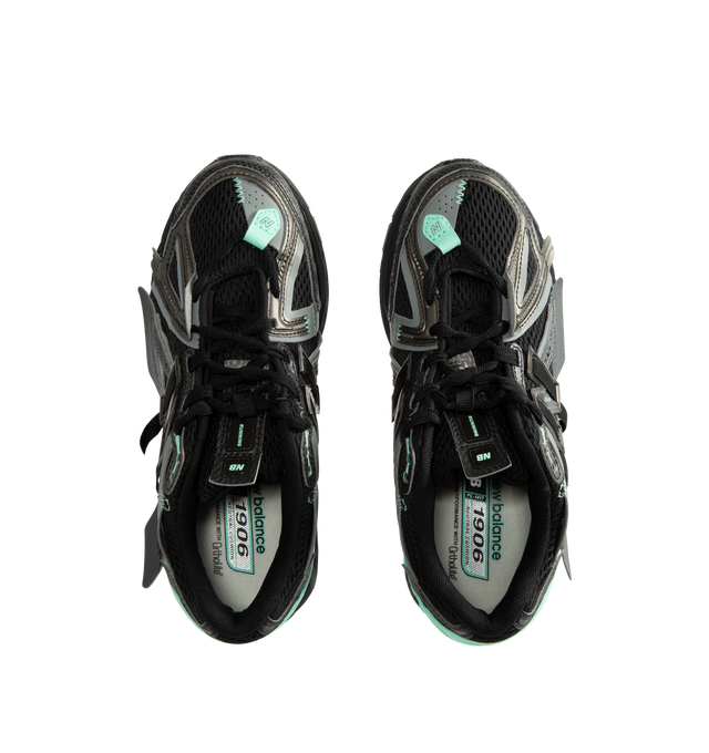 Image 5 of 5 - BLACK - New Balance Unisex 1906A "Tech Explosion / Black Bright Mint" Sneakers feature a performance-inspired silhouette rooted in early-2000s running design and equipped with advanced cushioning technologies for all-day comfort. Built with a breathable mesh upper, mesh underlays, and curvilinear synthetic overlays, this updated style combines technical heritage with a modern aesthetic. The sole unit pairs ACTEVA LITE cushioning, ABZORB SBS heel pods, and an N-ergy outsole for responsive co