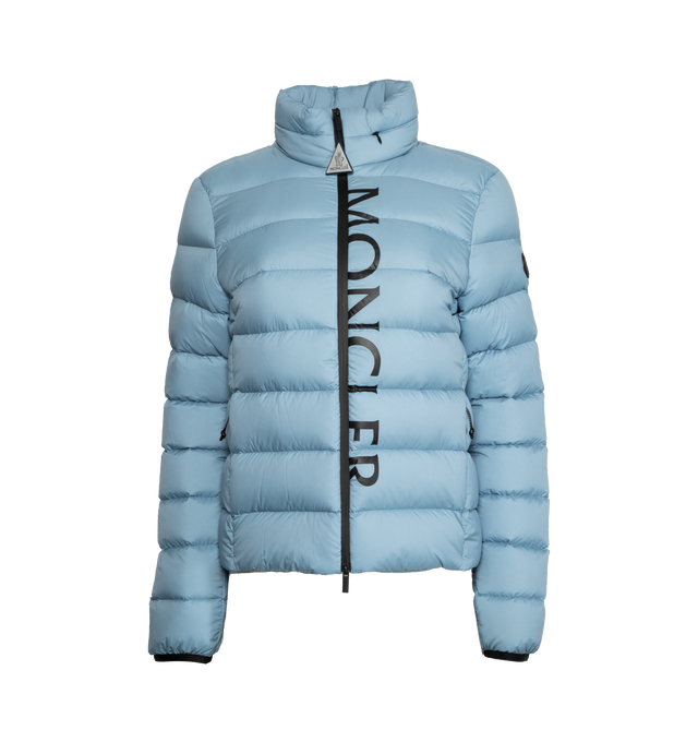 Image 1 of 3 - BLUE - MONCLER Cerces Short Down Jacket featuring nylon laqu lining, down-filled, hood, zip closure, zipped pockets, back loop, logo print and silicone matte logo. 100% polyamide/nylon. Padding: 90% down, 10% feather. 