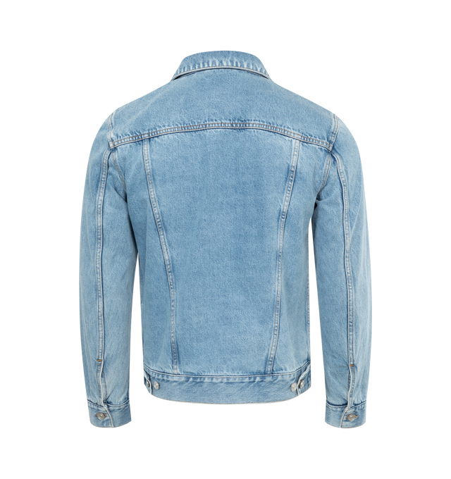 Image 2 of 2 - BLUE - GIVENCHY Denim Jacket featuring spread collar, button closure, patch and welt v pockets, single-button cuffs, adjustable button tabs at back hem and logo-engraved silver-tone hardware. 100% cotton. Made in Italy. 