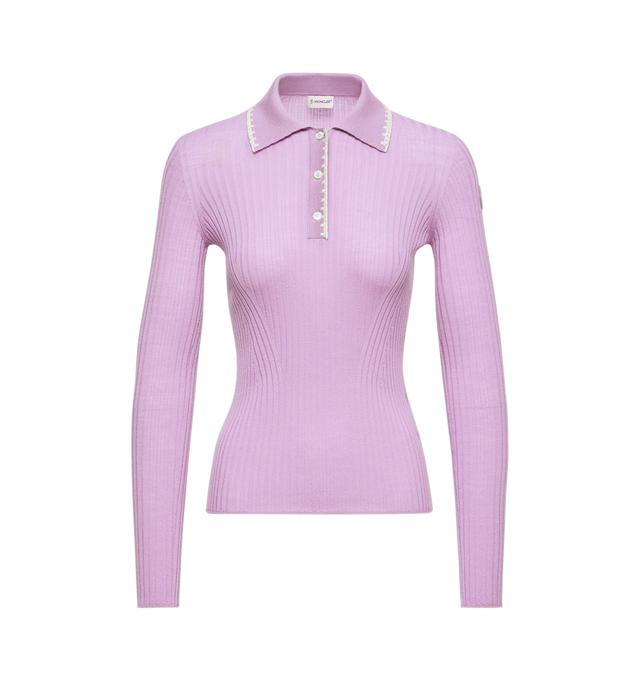 Image 1 of 1 - PURPLE - Moncler Womens Merino Wool Polo Sweater is crafted from lightweight merino wool and features a fine gauge 18 knit, classic collar, button-front closure, long sleeves, embroidered trim, and a signature leather logo patch. This designer wool polo sweater combines timeless knitwear with a refined silhouette for elevated everyday layering. Main Material: 100% Virgin Wool. Made in Romania.