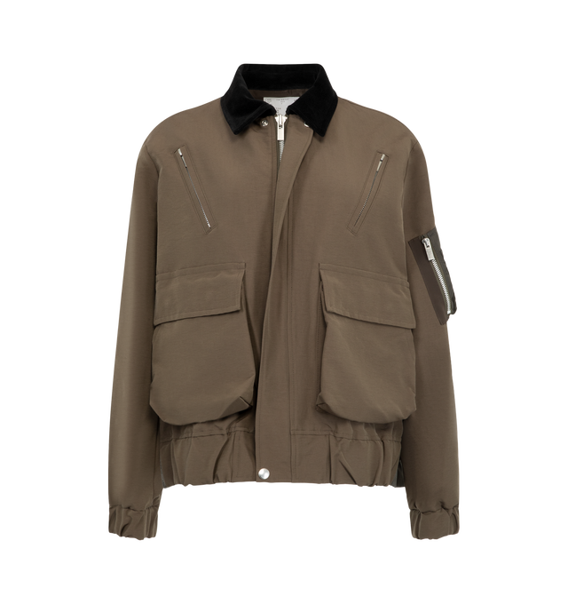 Image 2 of 4 - BROWN - Sacai Women's Grosgrain Bonding Blouson Jacket features distinct oversized front flap pockets, angled chest zip pockets, a contrasting collar, and an adjustable buttoned placket overlay. Materials: Nylon Exterior; Cotton.