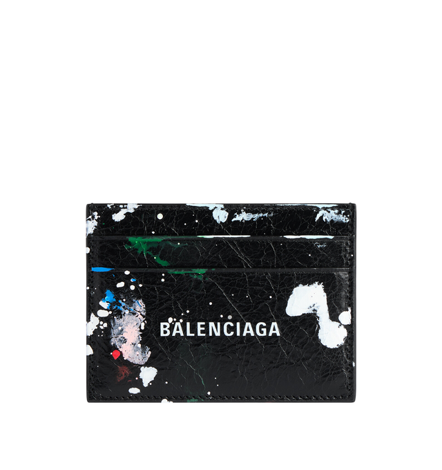 Image 1 of 3 - BLACK - BALENCIAGA Cash Card Holder in Arena lambskin featuring Painter's shirt artwork, Balenciaga logo printed at front, 4 card slots and 1 bill compartment. 3.9" x 2.9" x 0.4" Lambskin. Made in Italy.