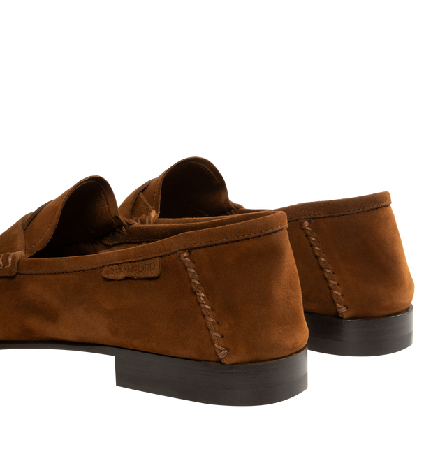 Image 3 of 4 - BROWN - TOM FORD Ripley Suede Twist-Strap Loafers featuring a twisted keeper strap across the vamp, block heel, almond moc toe, notched vamp, slip-on style and leather outsole. Leather. Made in Italy.