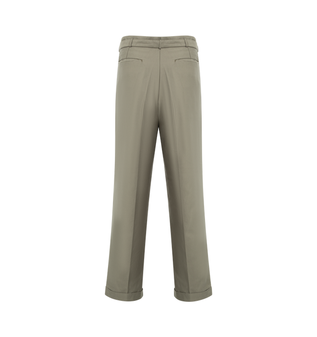 Image 2 of 3 - GREEN - Kaptain Sunshine Belted Riviera Pantalon featuring relaxed fit with a semi-tapered leg, inside two pleats for added volume, integrated belt for a secure fit, one-wash treatment for a vintage-inspired look and double-cuffed hem for a polished finish. 100% cotton. Made in Japan.